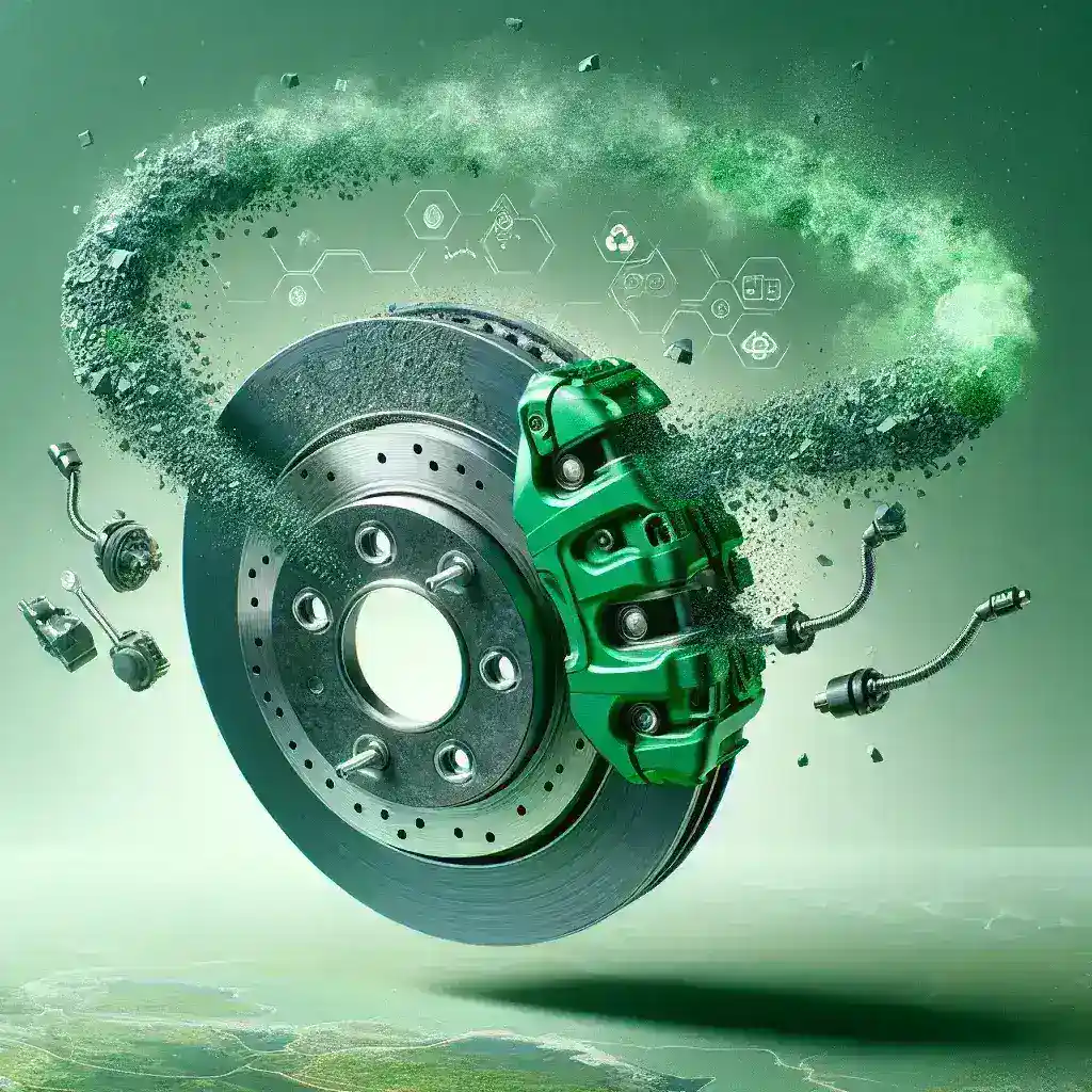 "Close-up of Brembo's innovative Greentell brakes designed to reduce vehicle particulate emissions by up to 90%, showcasing their advanced technology and eco-friendly materials in action."